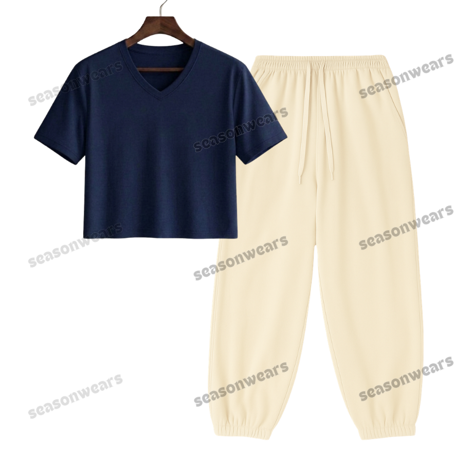 Crop V-Neck Tee With Cream Sweatpant