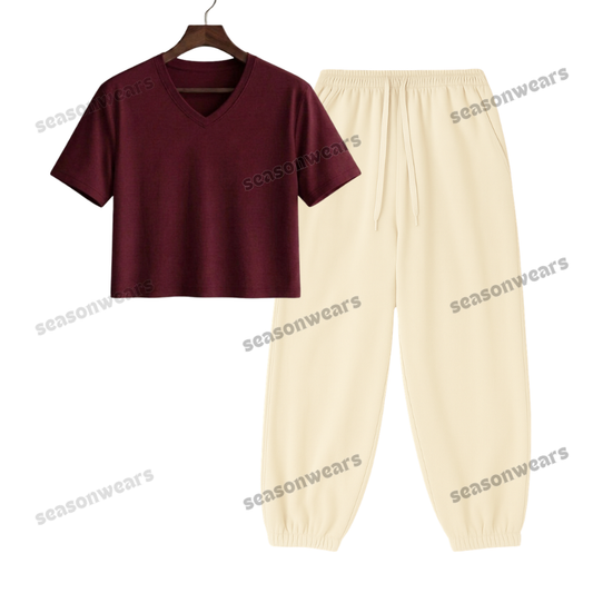 Crop V-Neck Tee With Cream Sweatpant