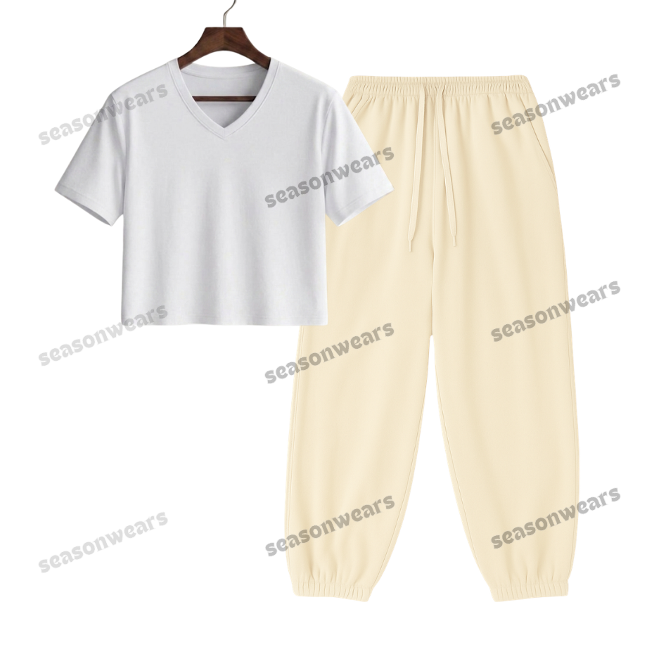 Crop V-Neck Tee With Cream Sweatpant