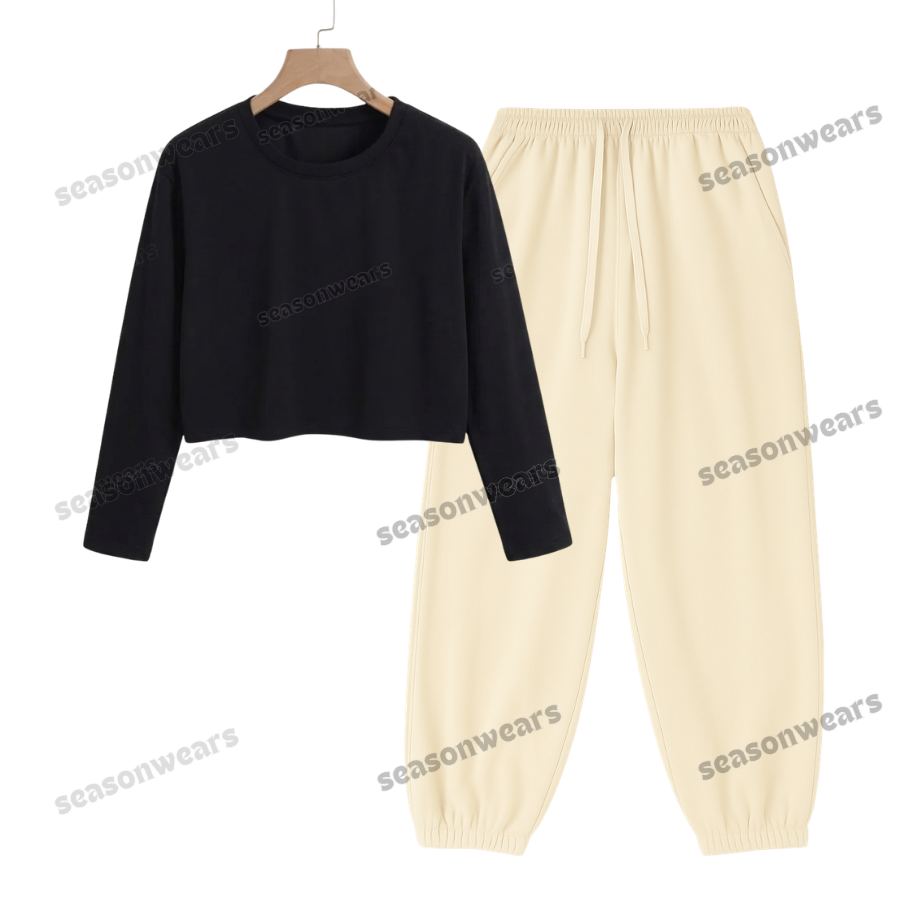 Crop Full Sleeves Tee With Cream Sweatpant