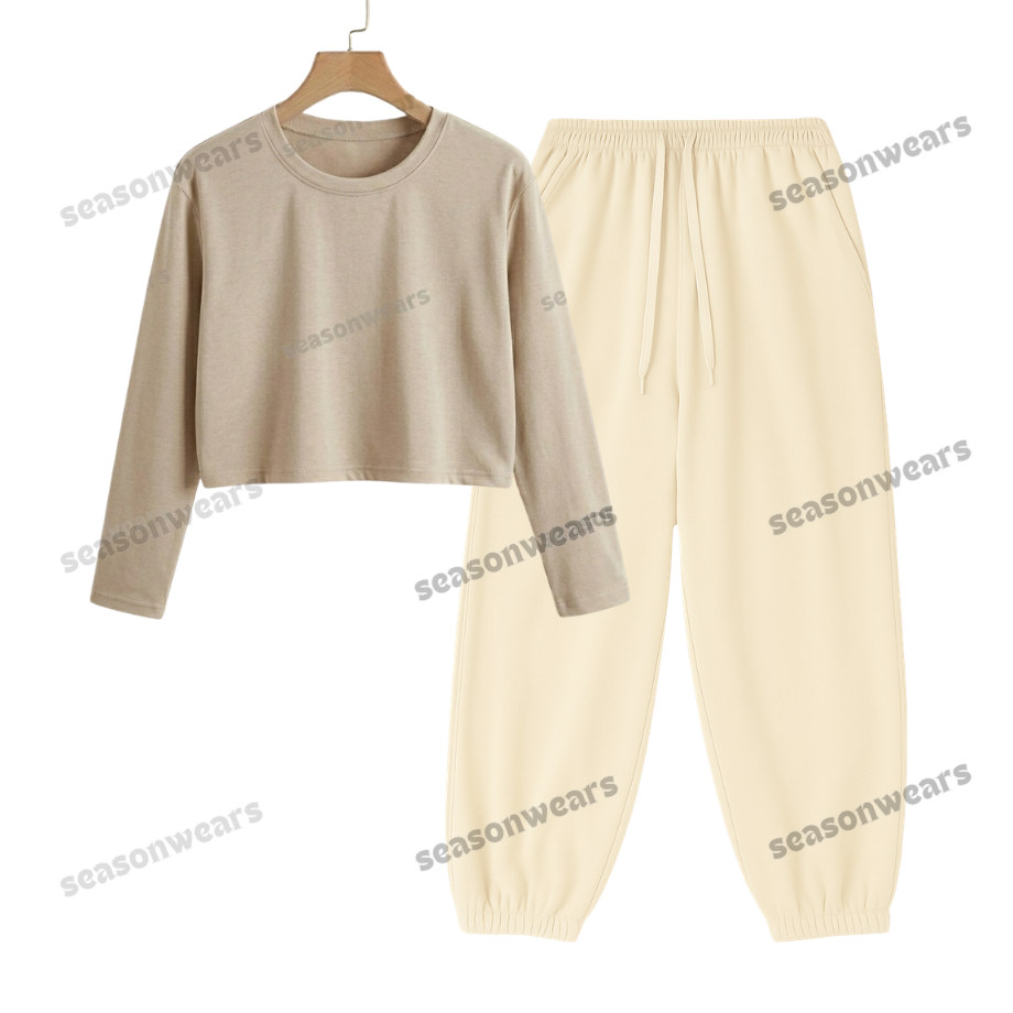 Crop Full Sleeves Tee With Cream Sweatpant