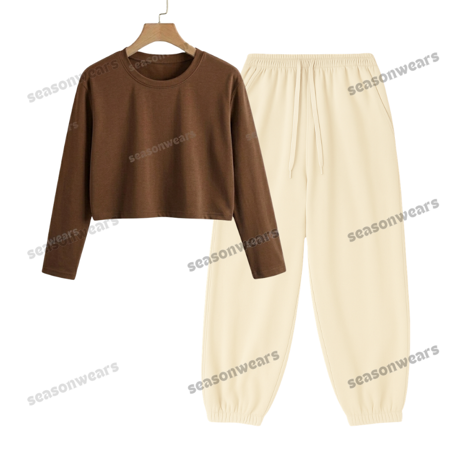 Crop Full Sleeves Tee With Cream Sweatpant