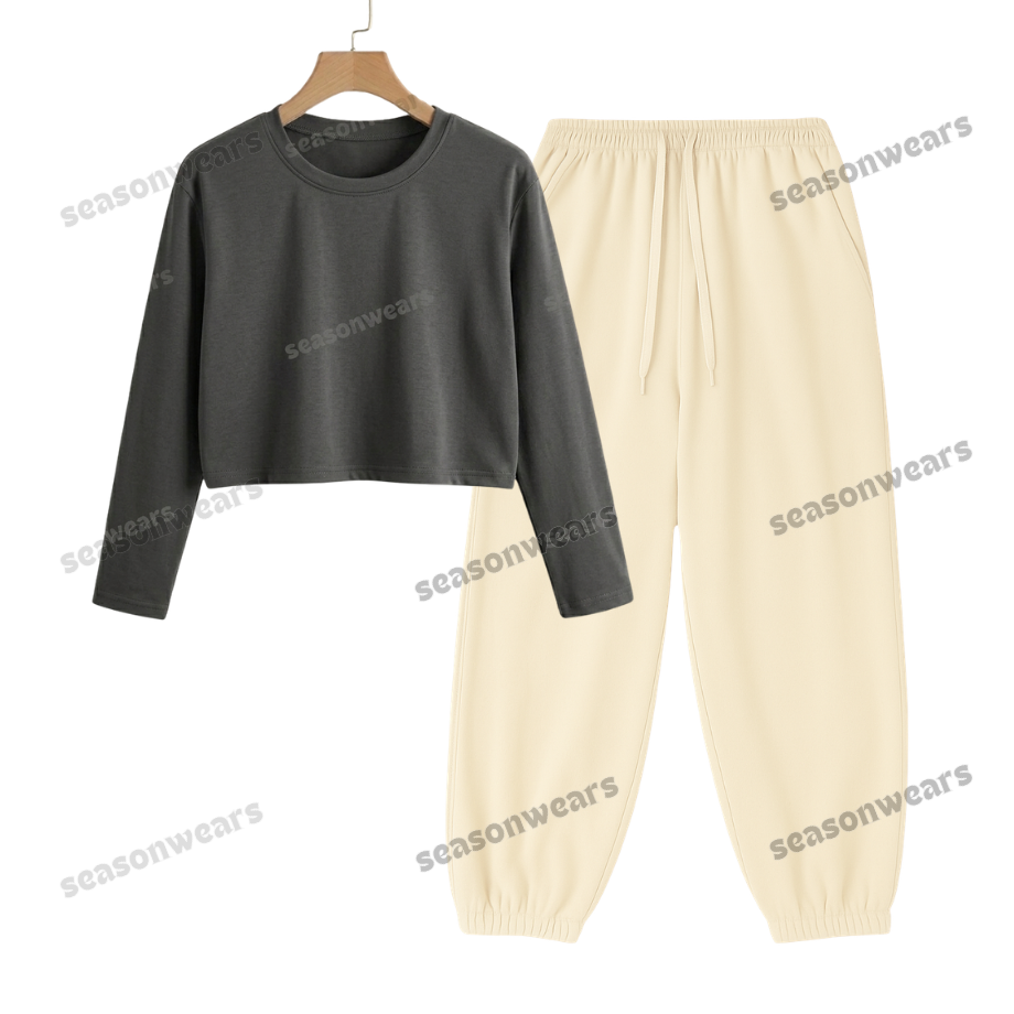 Crop Full Sleeves Tee With Cream Sweatpant