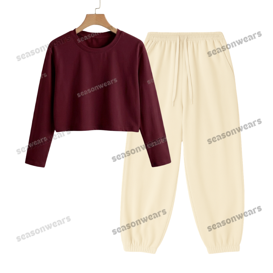 Crop Full Sleeves Tee With Cream Sweatpant