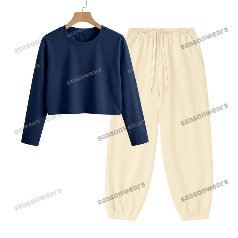 Crop Full Sleeves Tee With Cream Sweatpant