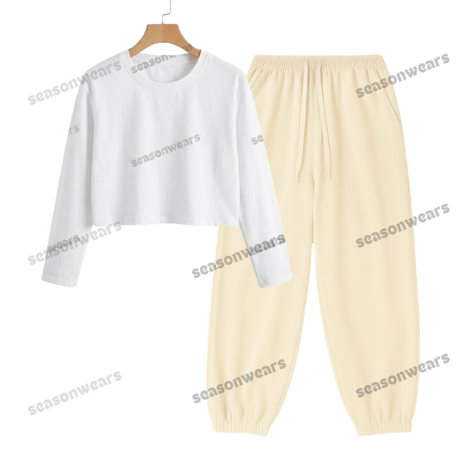 Crop Full Sleeves Tee With Cream Sweatpant