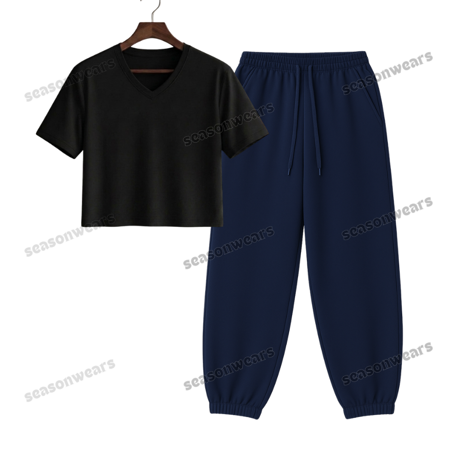 Crop V-Neck Tee With Navyblue Sweatpant