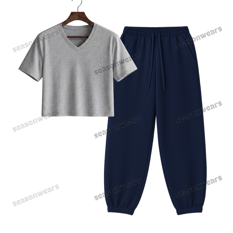 Crop V-Neck Tee With Navyblue Sweatpant