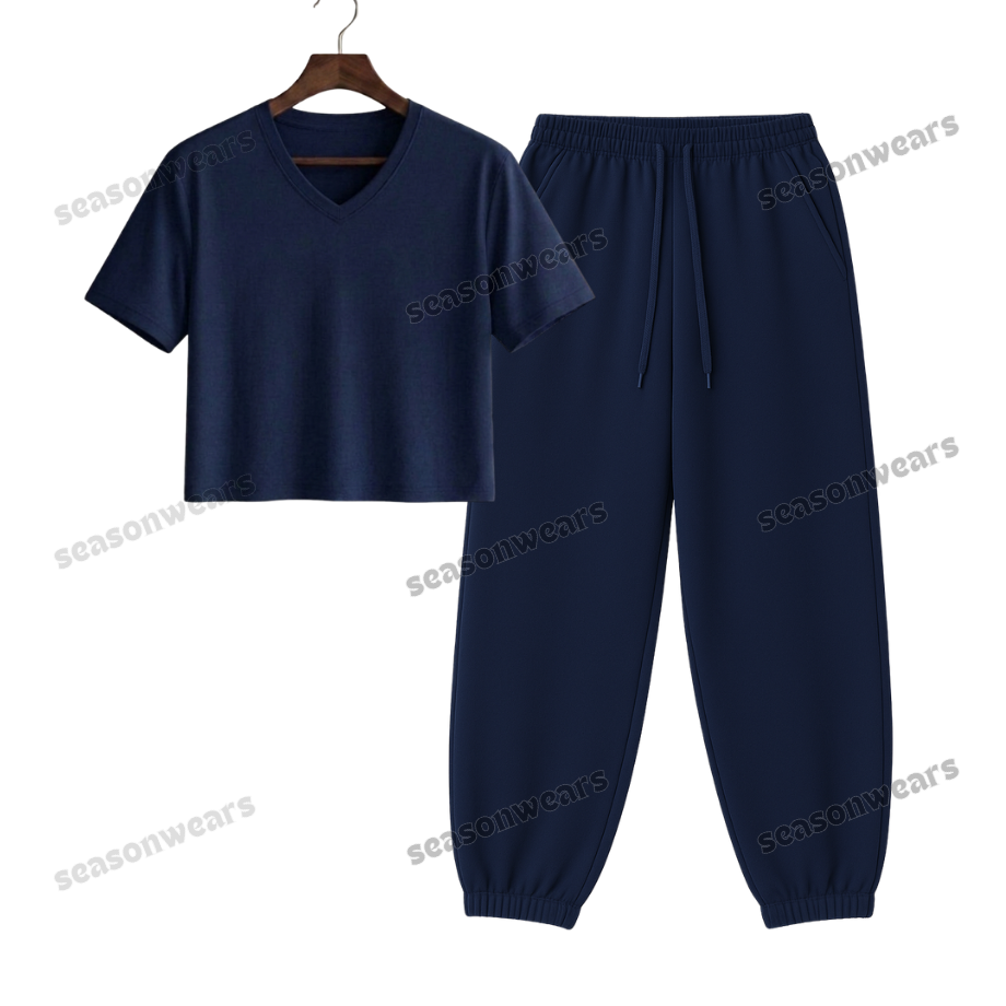 Crop V-Neck Tee With Navyblue Sweatpant