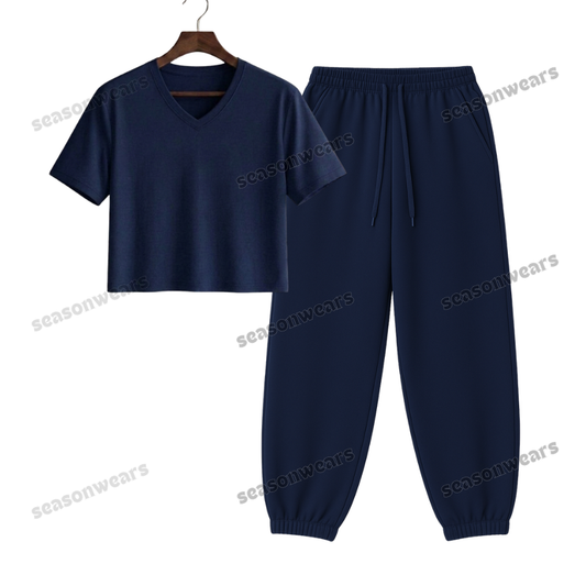 Crop V-Neck Tee With Navyblue Sweatpant