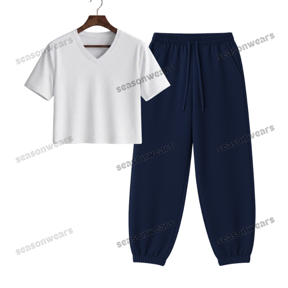 Crop V-Neck Tee With Navyblue Sweatpant