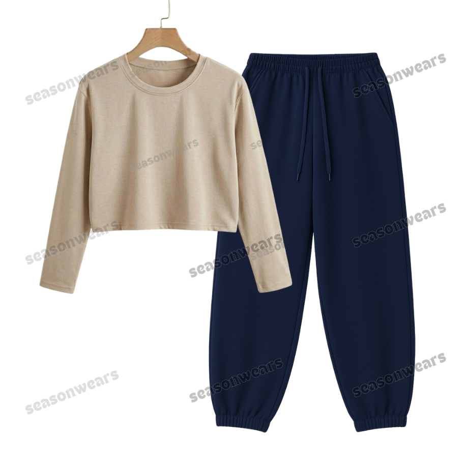 Crop Full Sleeves Tee With Navyblue Sweatpant