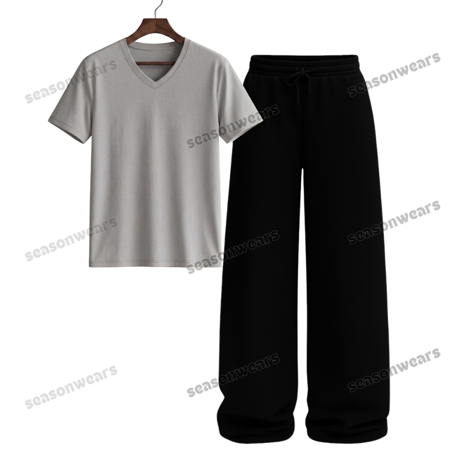 V-Neck Tee With Black Wide Leg Trouser