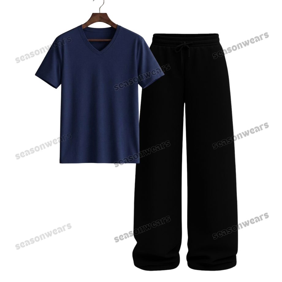 V-Neck Tee With Black Wide Leg Trouser
