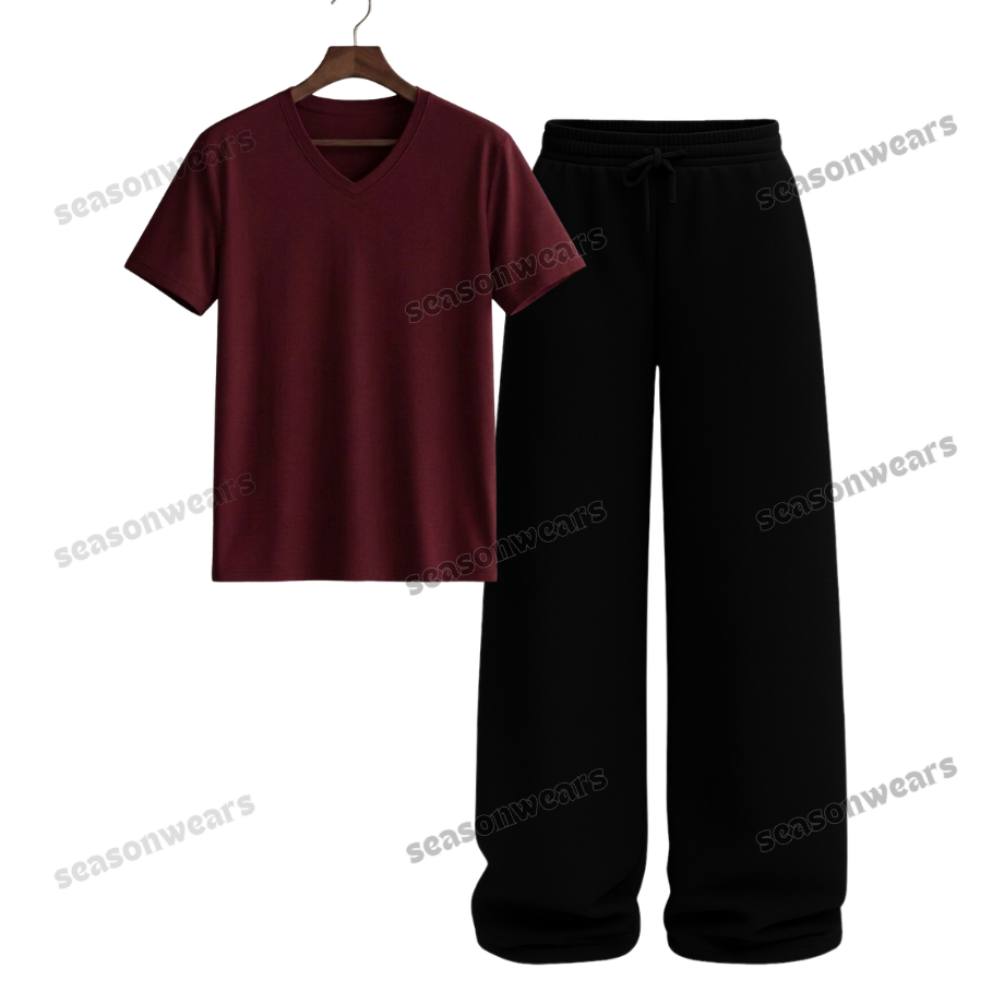 V-Neck Tee With Black Wide Leg Trouser
