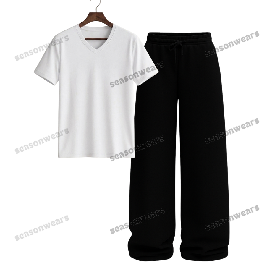 V-Neck Tee With Black Wide Leg Trouser
