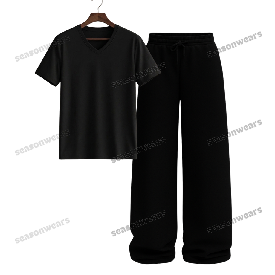 V-Neck Tee With Black Wide Leg Trouser