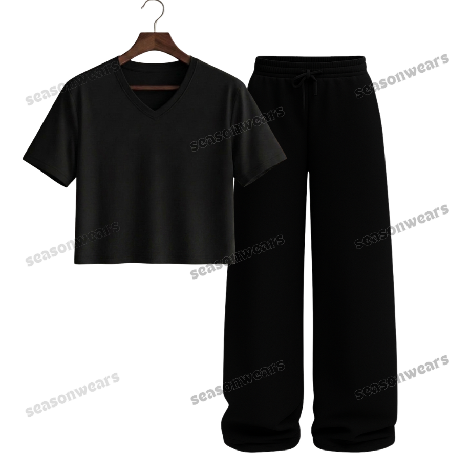 Crop V-Neck Tee With Black Wide Leg Trouser