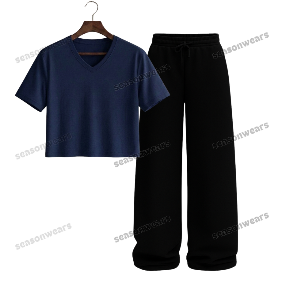 Crop V-Neck Tee With Black Wide Leg Trouser