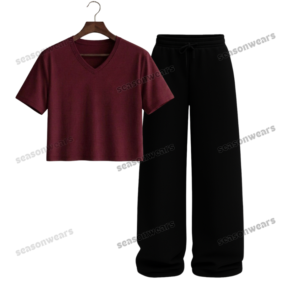 Crop V-Neck Tee With Black Wide Leg Trouser
