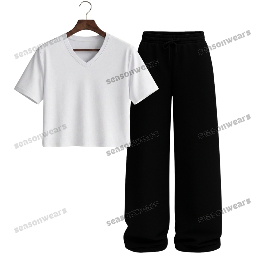 Crop V-Neck Tee With Black Wide Leg Trouser