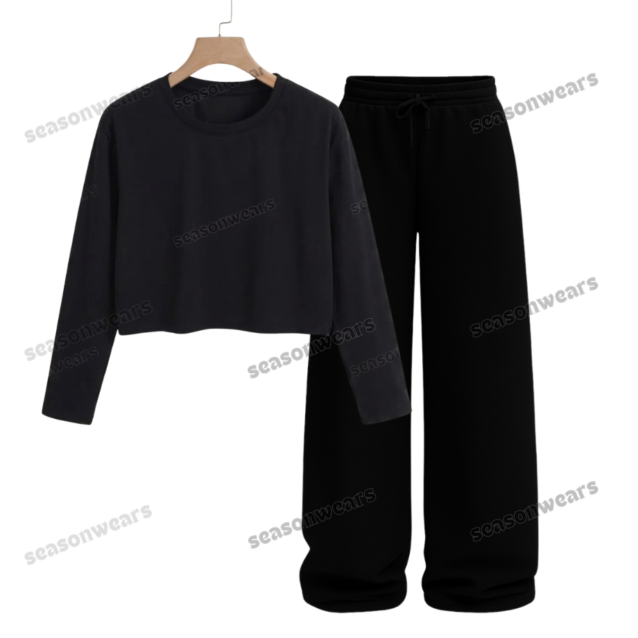 Crop Full Sleeves Tee With Black Wide Leg Trouser