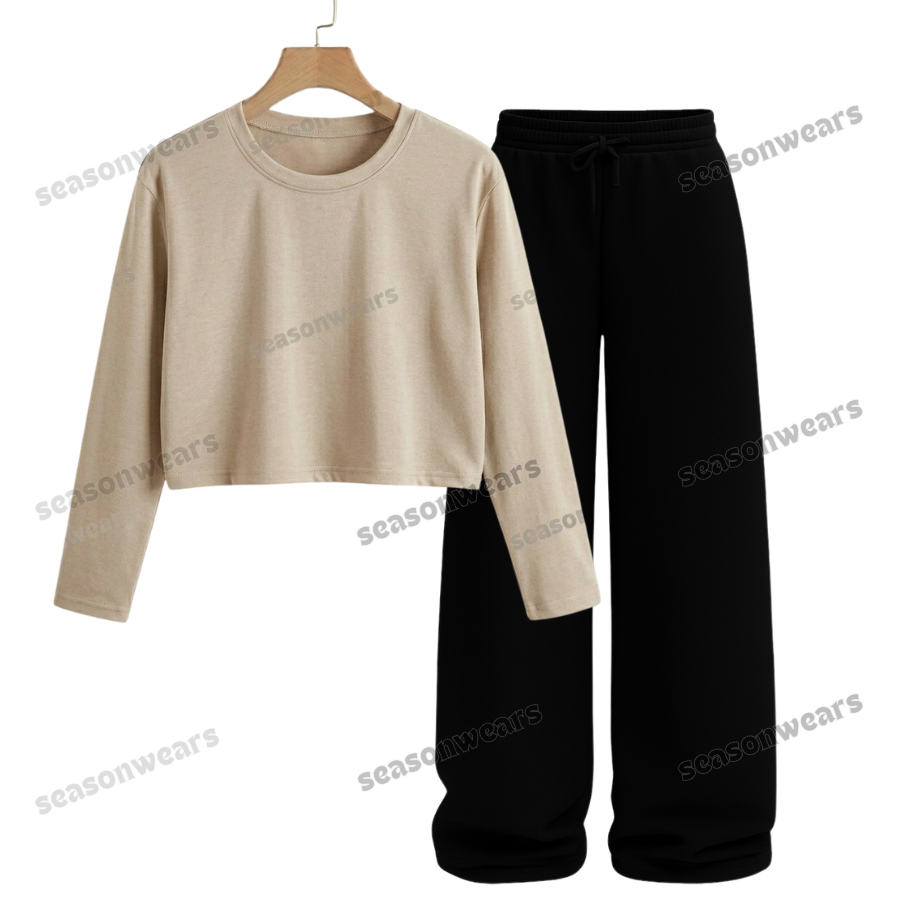Crop Full Sleeves Tee With Black Wide Leg Trouser