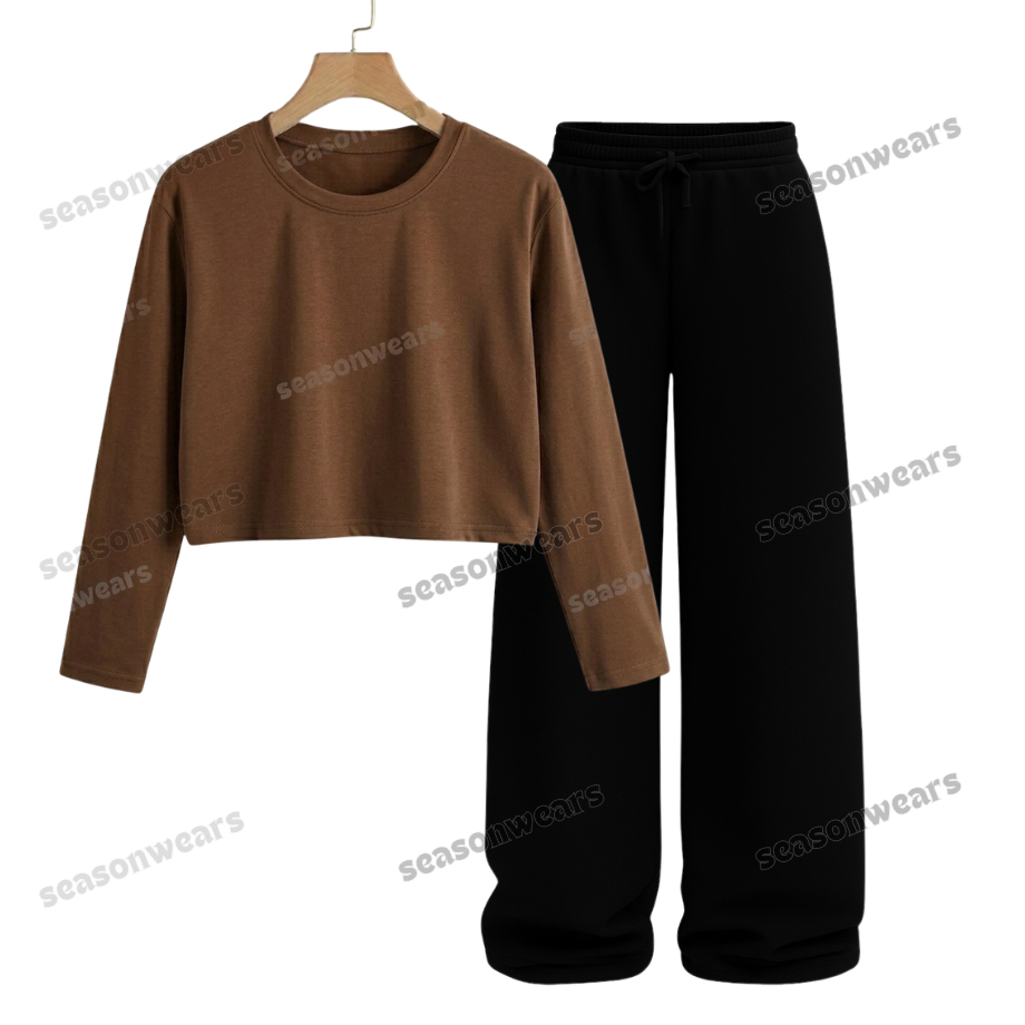 Crop Full Sleeves Tee With Black Wide Leg Trouser