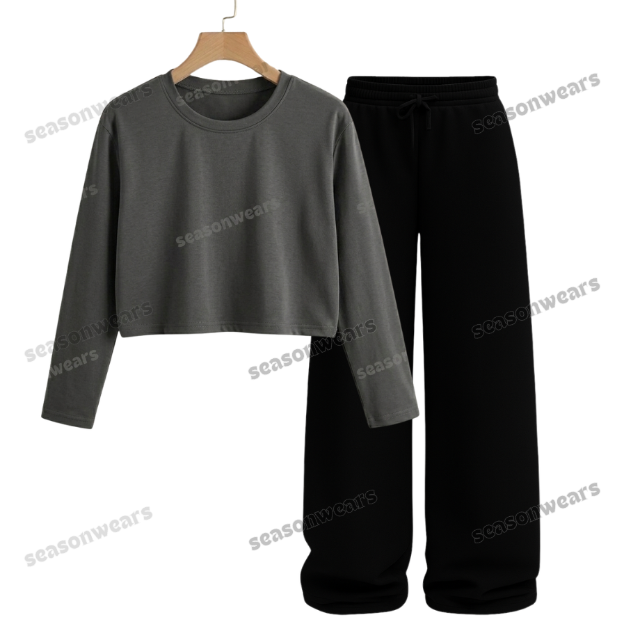 Crop Full Sleeves Tee With Black Wide Leg Trouser