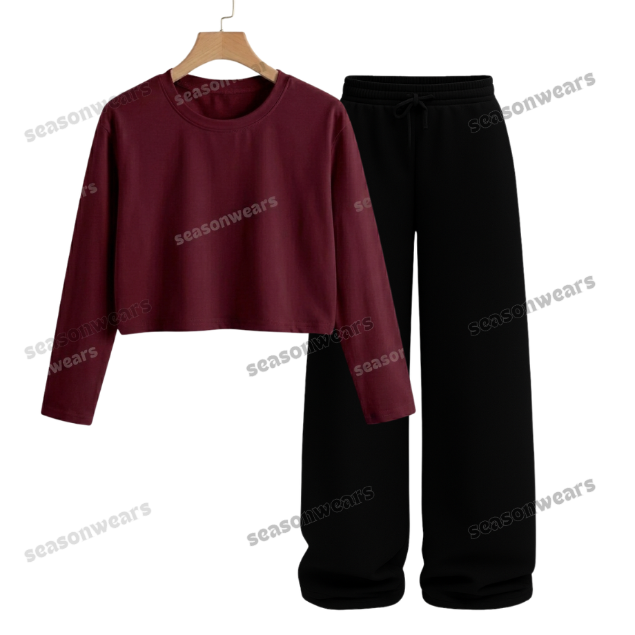 Crop Full Sleeves Tee With Black Wide Leg Trouser