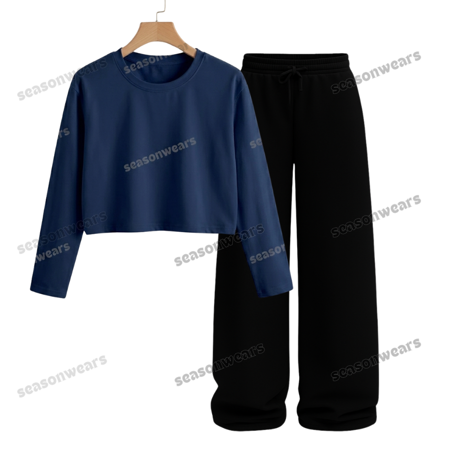 Crop Full Sleeves Tee With Black Wide Leg Trouser
