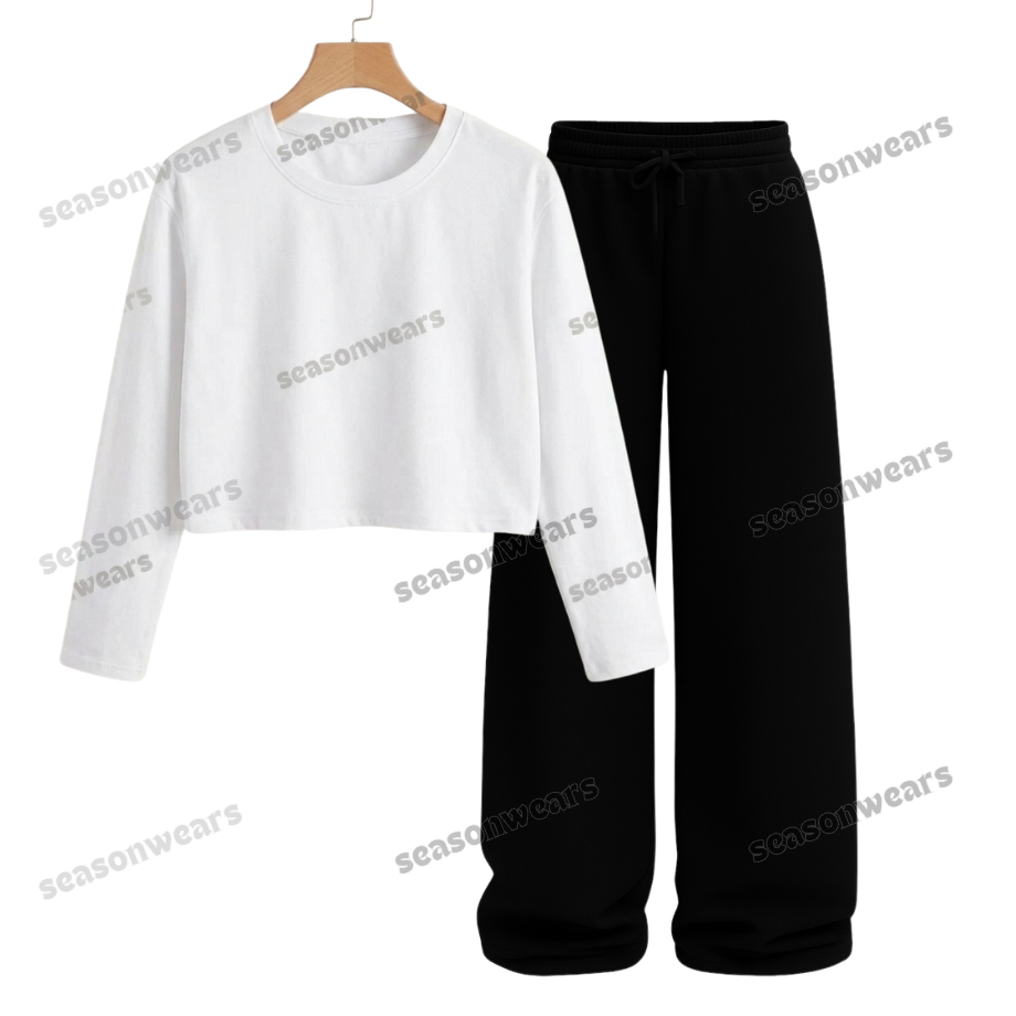 Crop Full Sleeves Tee With Black Wide Leg Trouser