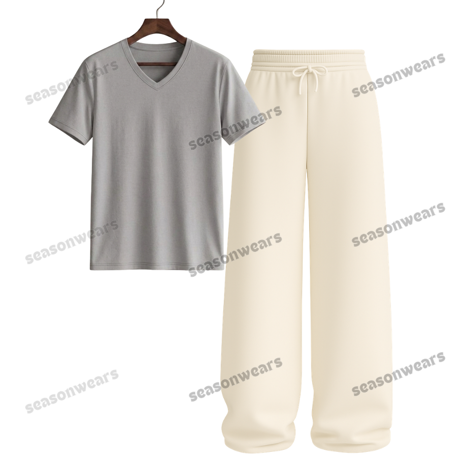V-Neck Tee With Beige Wide Leg Trouser