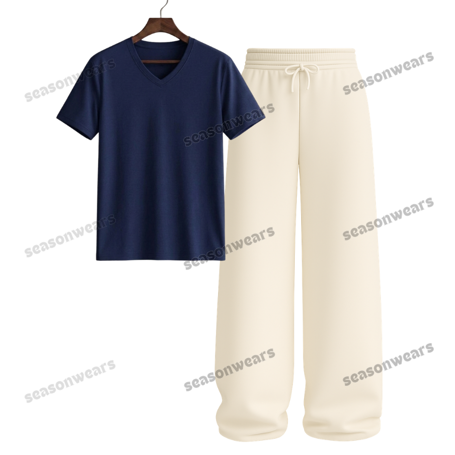 V-Neck Tee With Beige Wide Leg Trouser