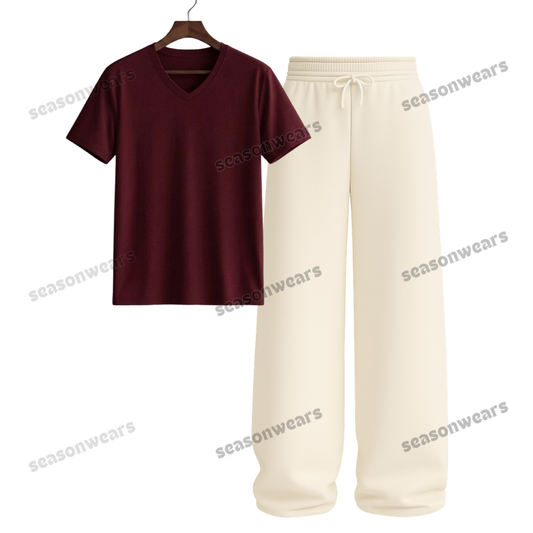 V-Neck Tee With Beige Wide Leg Trouser
