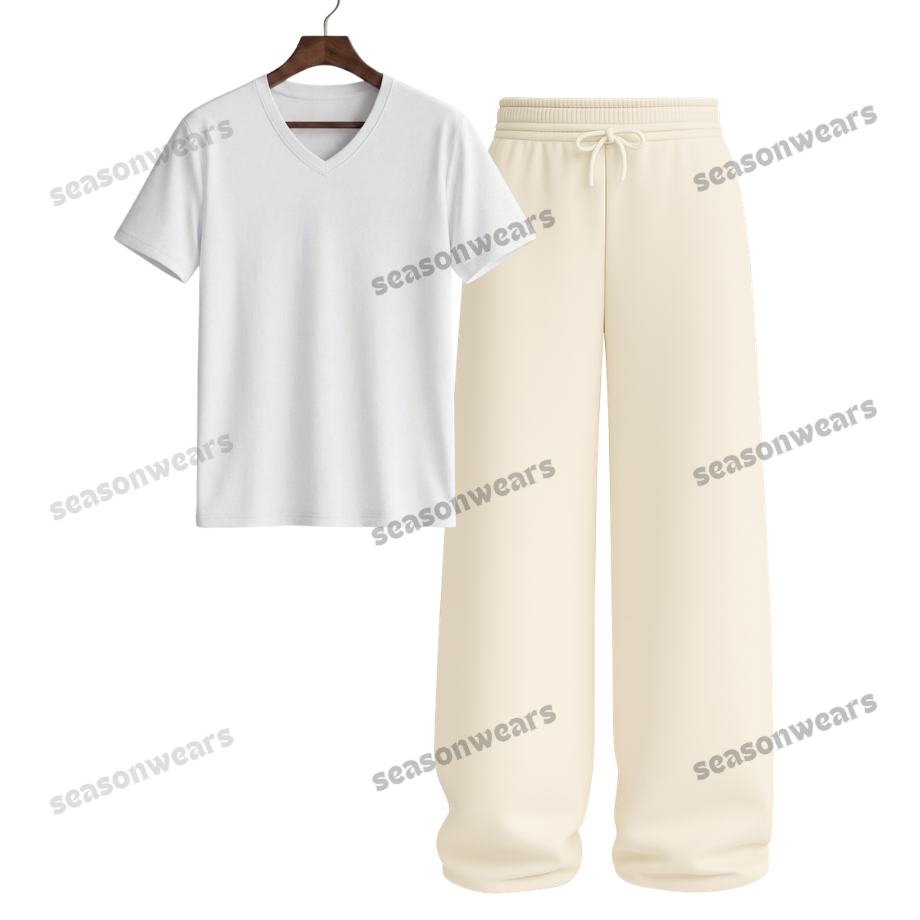 V-Neck Tee With Beige Wide Leg Trouser