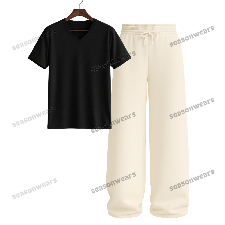 V-Neck Tee With Beige Wide Leg Trouser