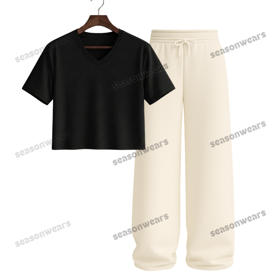 Crop V-Neck Tee With Beige Wide Leg Trouser