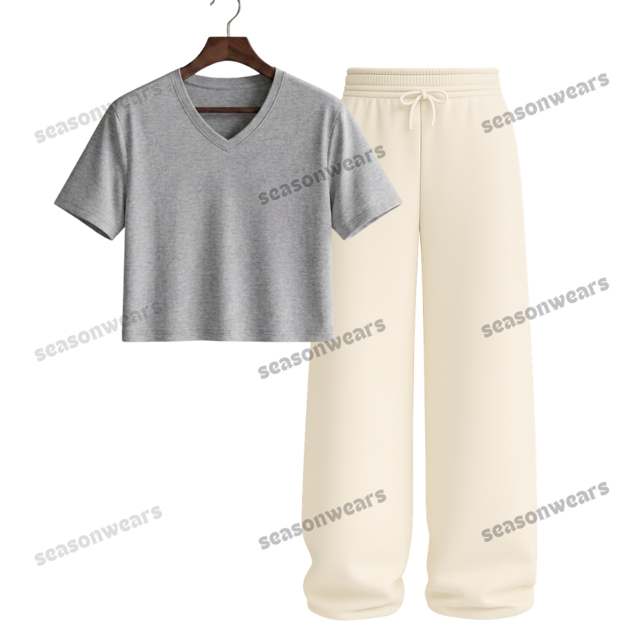 Crop V-Neck Tee With Beige Wide Leg Trouser