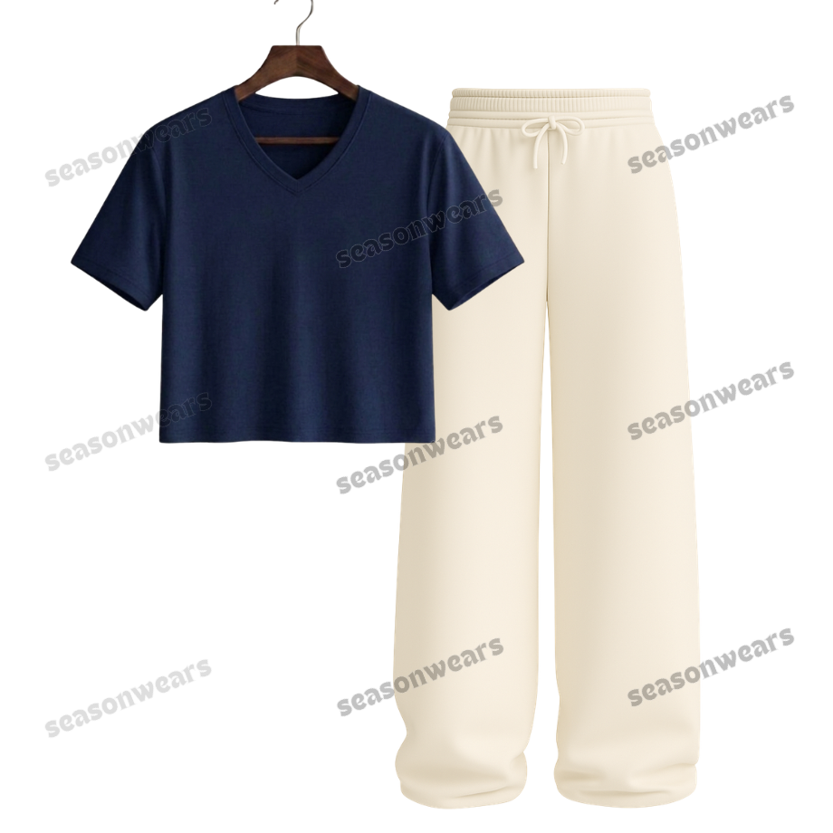 Crop V-Neck Tee With Beige Wide Leg Trouser