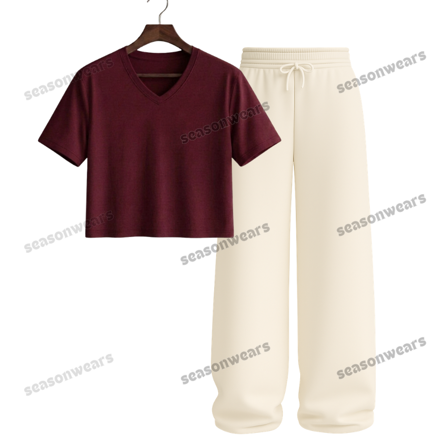 Crop V-Neck Tee With Beige Wide Leg Trouser