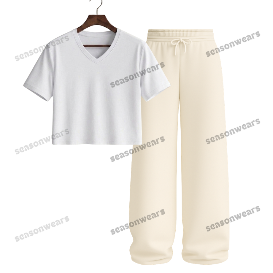 Crop V-Neck Tee With Beige Wide Leg Trouser