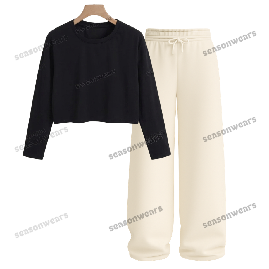 Crop Full Sleeves Tee With Beige Wide Leg Trouser