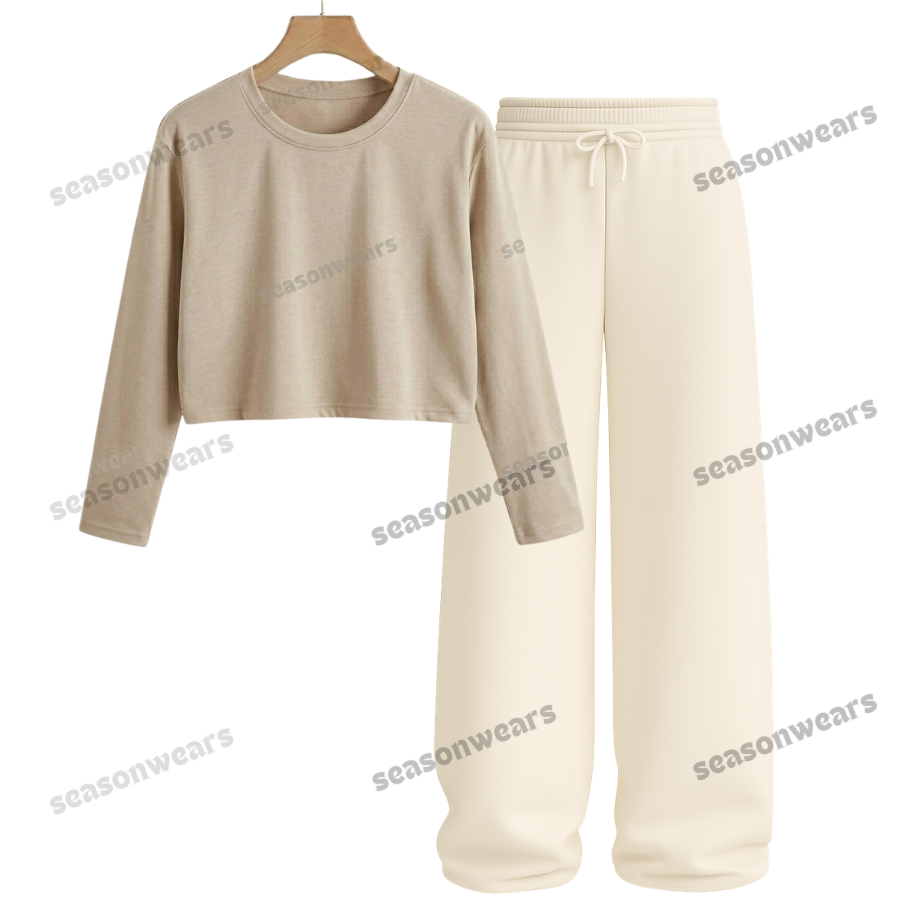 Crop Full Sleeves Tee With Beige Wide Leg Trouser