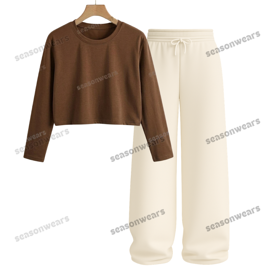 Crop Full Sleeves Tee With Beige Wide Leg Trouser