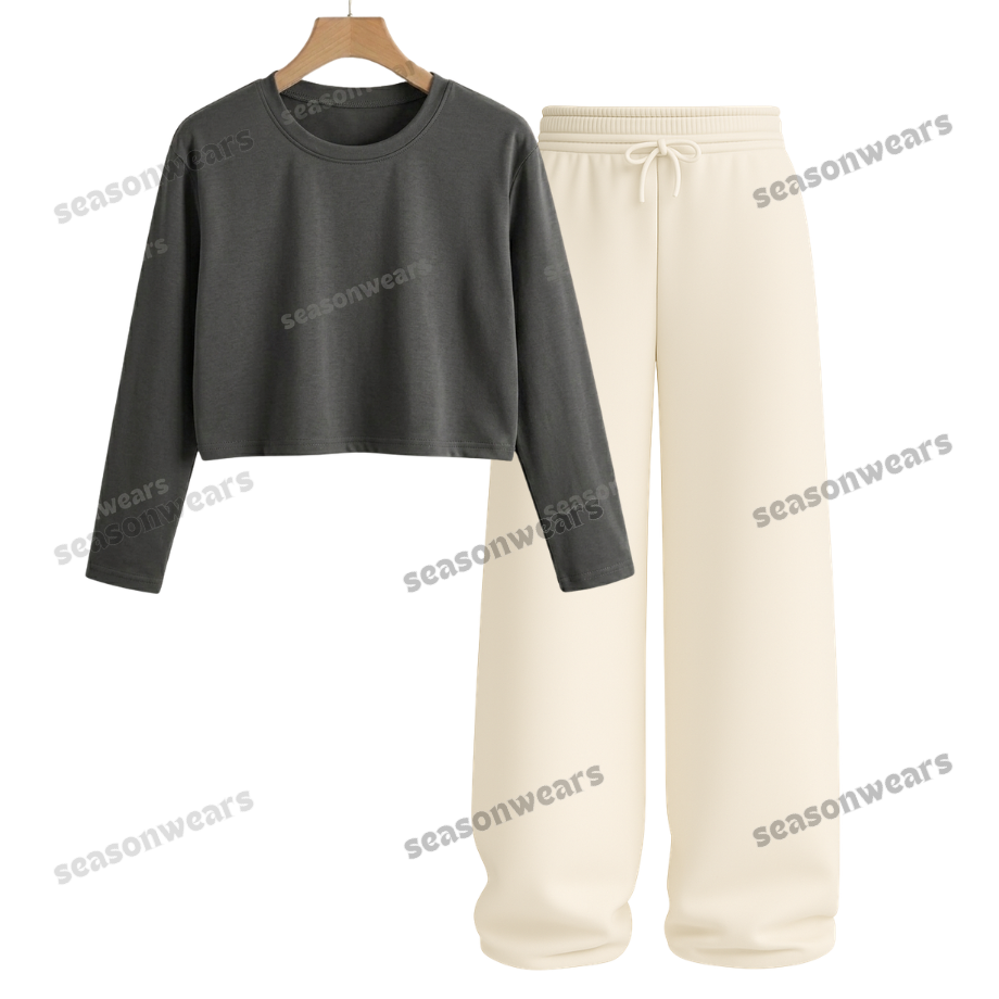 Crop Full Sleeves Tee With Beige Wide Leg Trouser
