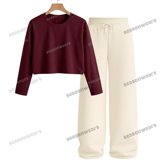 Crop Full Sleeves Tee With Beige Wide Leg Trouser