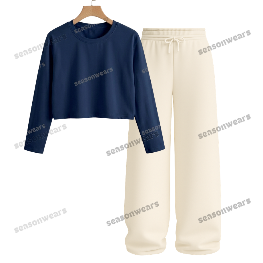 Crop Full Sleeves Tee With Beige Wide Leg Trouser
