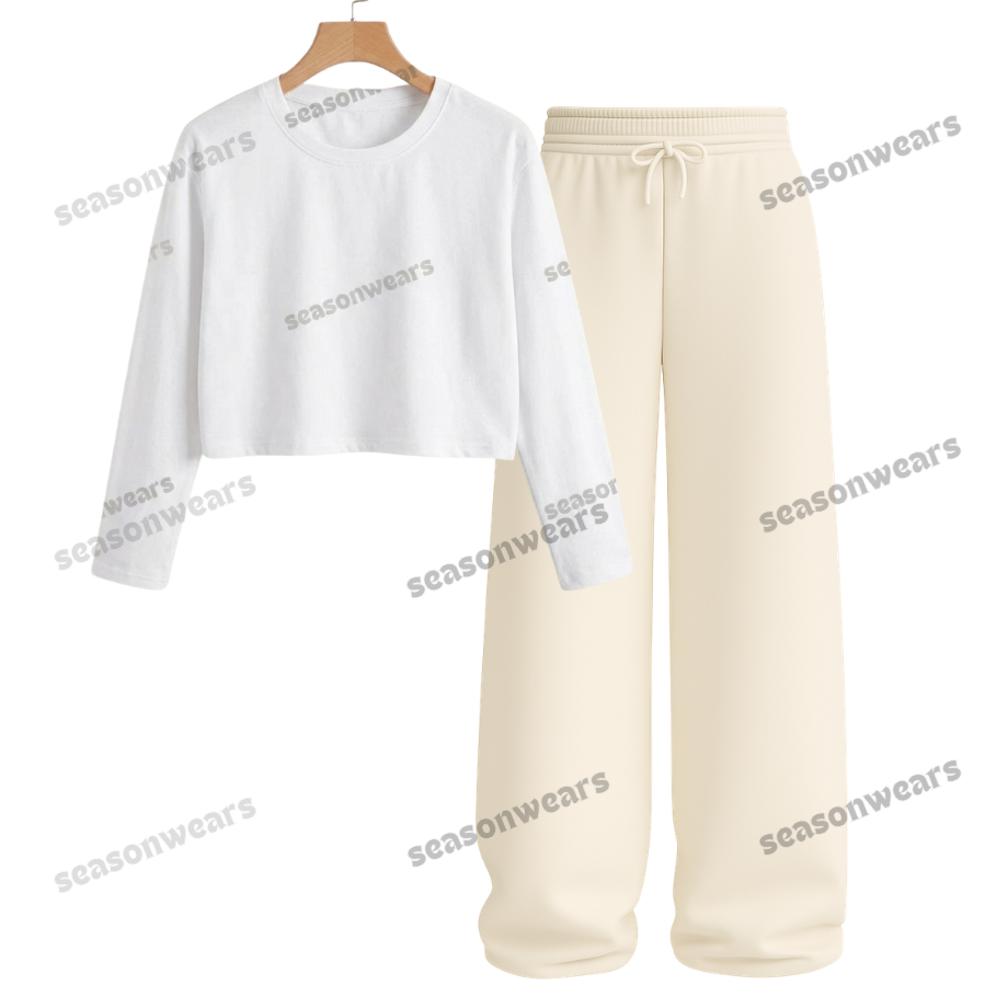 Crop Full Sleeves Tee With Beige Wide Leg Trouser