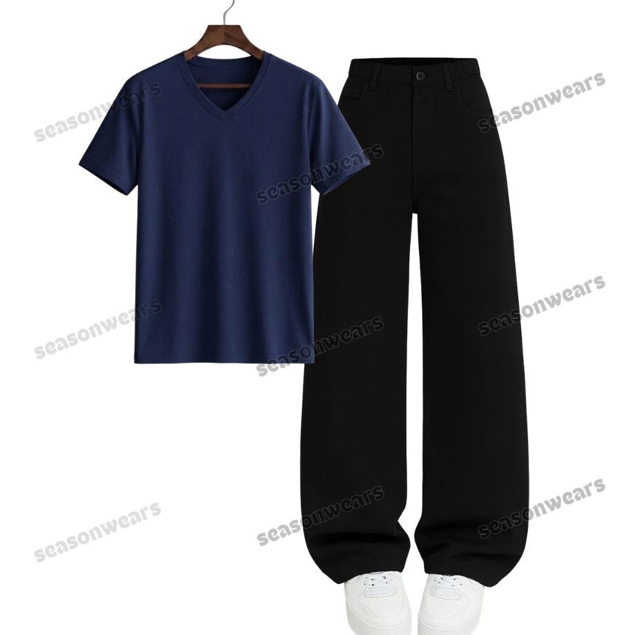 V-Neck Tee With Black Wide Leg Jeans